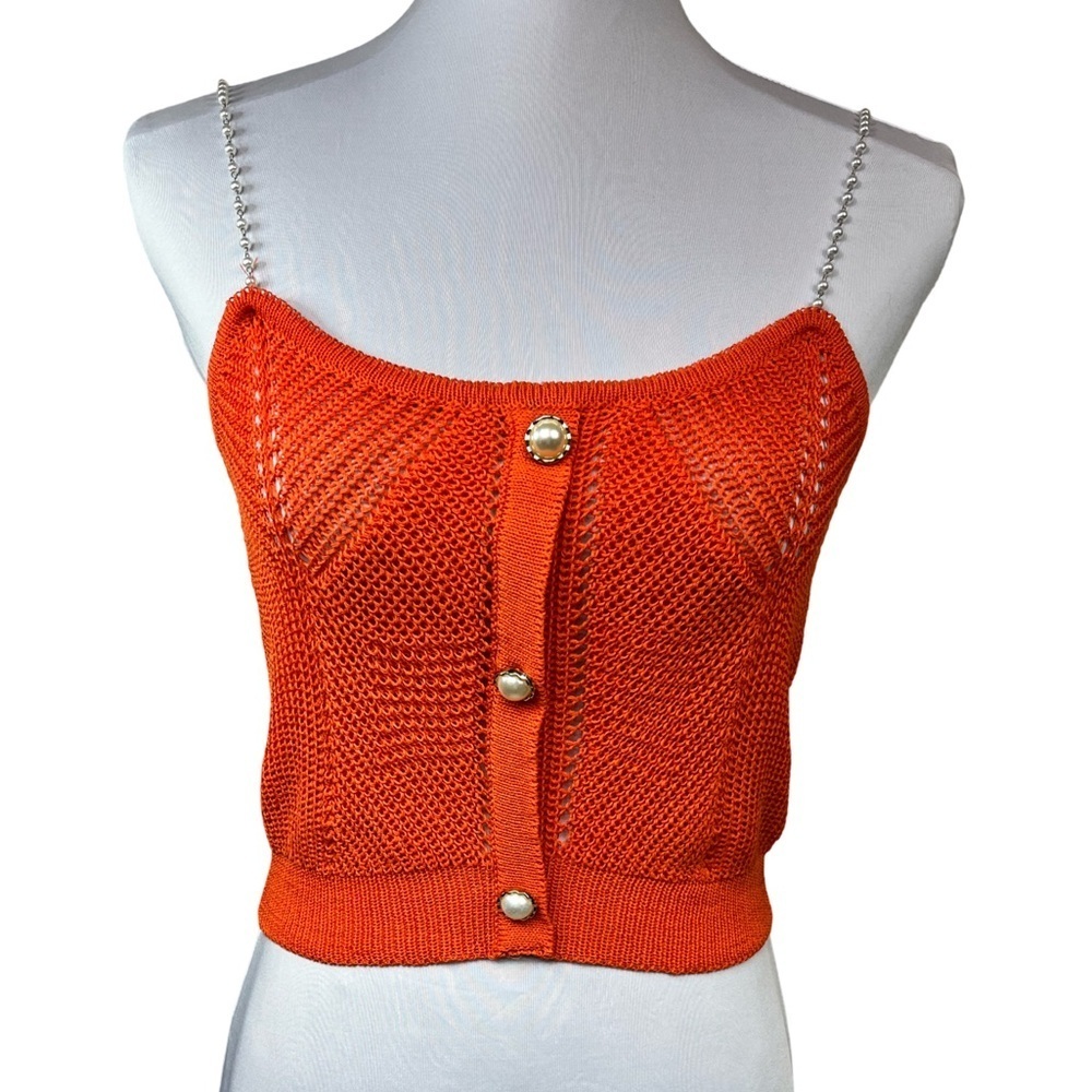 Cider Crochet Knit Pearl Spaghetti Strap Cropped Tank Top Tangerine Size Medium